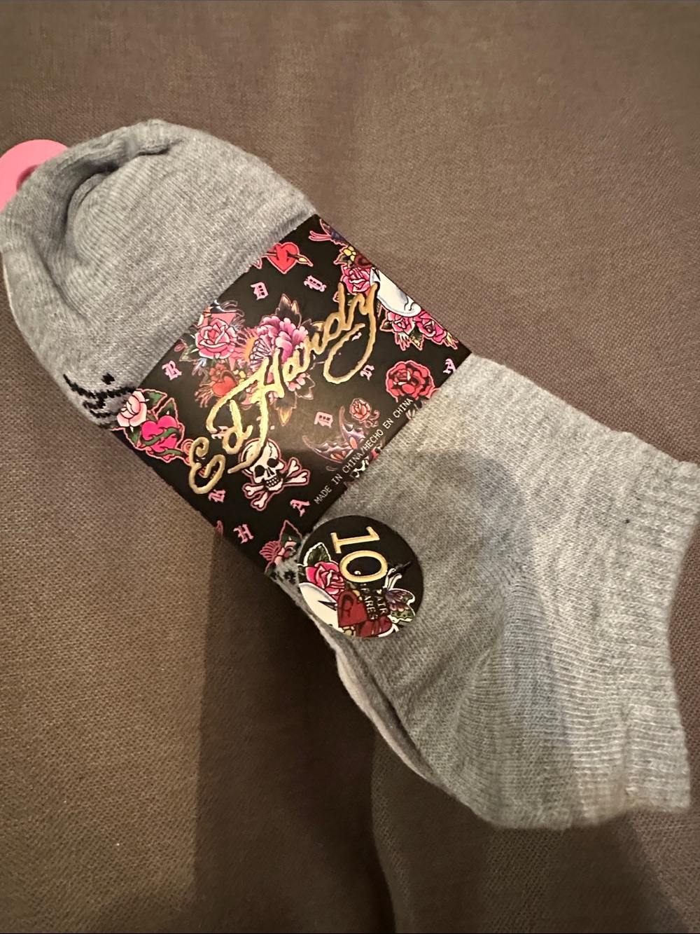 Ed Hardy Gray Crew Socks with Pink Floral Logo Accent